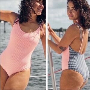American Eagle Aerie One piece Cheeky Swimsuit Gingham Pink Blue Large Low Back